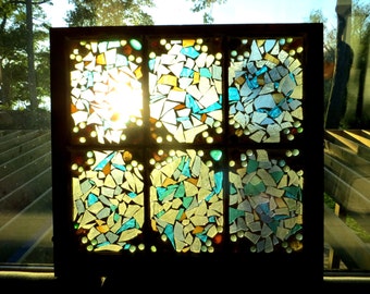 Beach Life sea shell, blue and creme stained glass beach mosaic window . Mosaic wall hanging. Glass mosaic stained glass window.