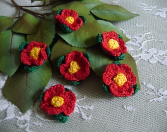 SALE 6 Small Crocheted Red Flowers with Leaves Applique Handmade for Trims Crafts Altered Art