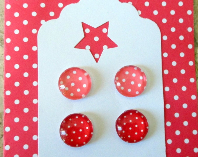 Pink polka dot earrings-red polka dot studs-kids clip on earrings-glass Cabochons-tween gift-kawaii jewelry-nickel free-little girls-childs