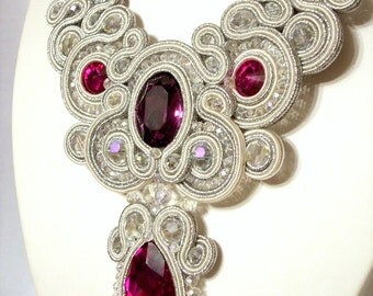 Soutache necklace Wedding Soutache jewelry Bridal necklace Bride necklace white necklace Soutache jewelry Swarovski crystals fuchsia
