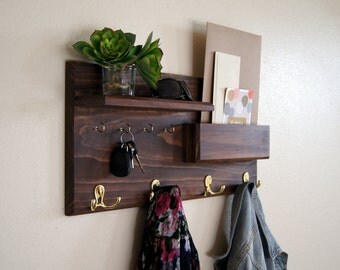 Midnight Woodworks Original Entryway Organizer Solid Wood Handmade Coat Rack with Shelf Mail Pocket Key Hooks