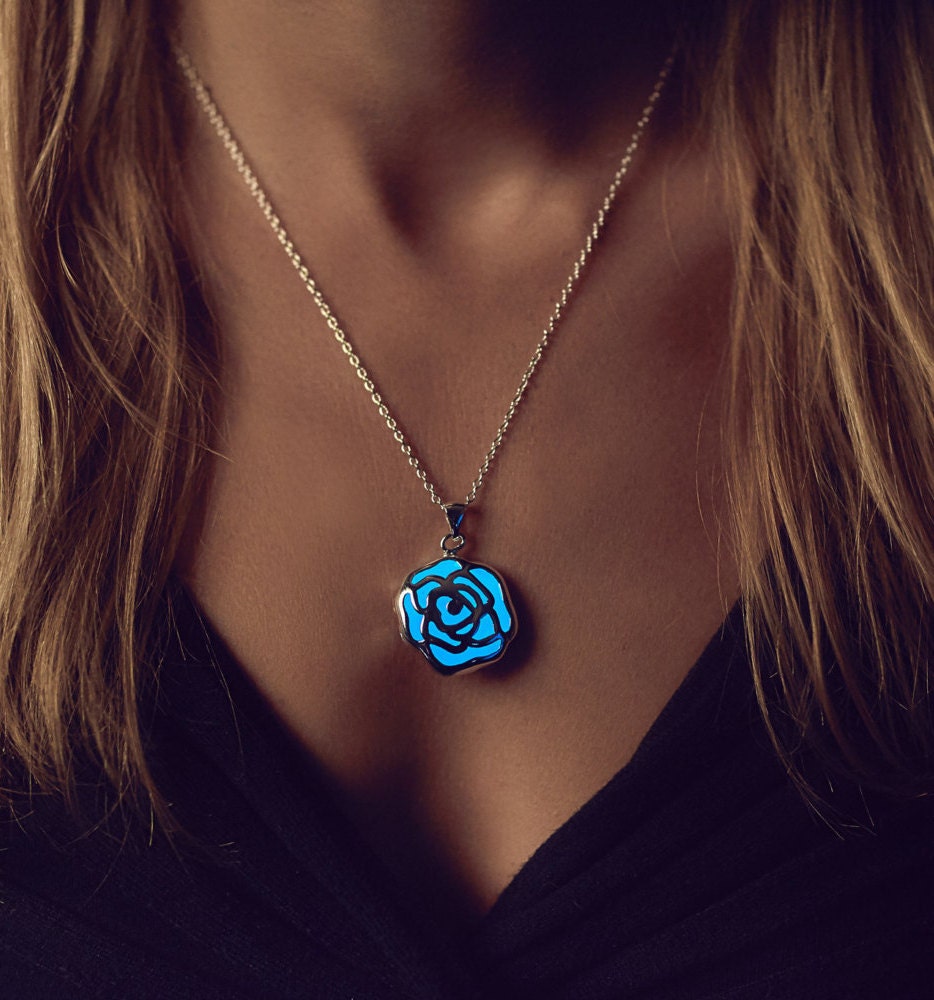 Royal Blue Rose Necklace Fall Glow in the Dark Necklace