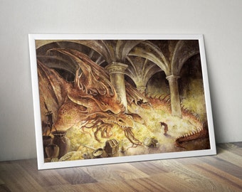 watercolor Smaug DRAGON PRINT, fantasy art print, the Hobbit by Tolkien, Tolkien fanart, dragon painting, Tolkien art print, Bilbo and Smaug