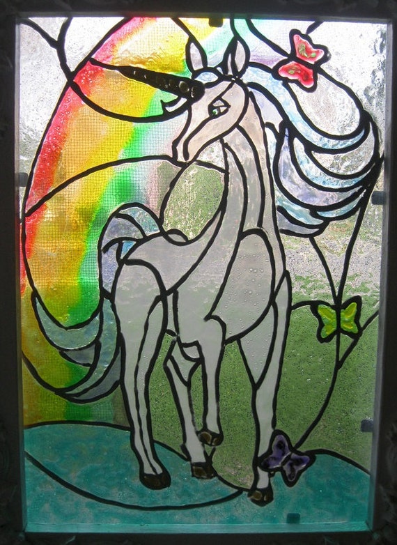 Rainbow Unicorn Hand painted stained glass window
