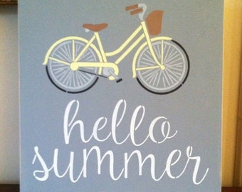 Wood sign Hello Summer 12" x 12" bicycle summer wood sign gray bicycle summer sign summer wall decor bicycle wall decor