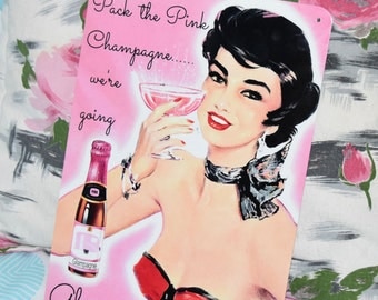 GLAMPING TIN SIGN! vintage caravan camper trailer retro metal wall art glamour camping Australian made! Pink & Cute! champagne fun 30x20cm