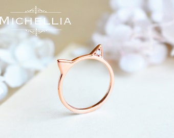 Solid Gold Cat Ring, Diamond Cat Ear Ring, 14K 18K Rose gold Kitten Ring, Whimsical Gift, Cat Jewelry, Pet Gift, Birthday Birthstone Gift