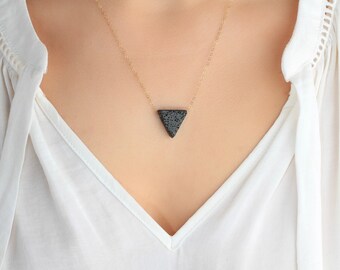 14K Gold Triangle Lava Necklace, Essential Oil Diffuser, Dainty Gold Filled, Clay Lava Bead, Minimalist, Modern Aromatherapy Jewelry