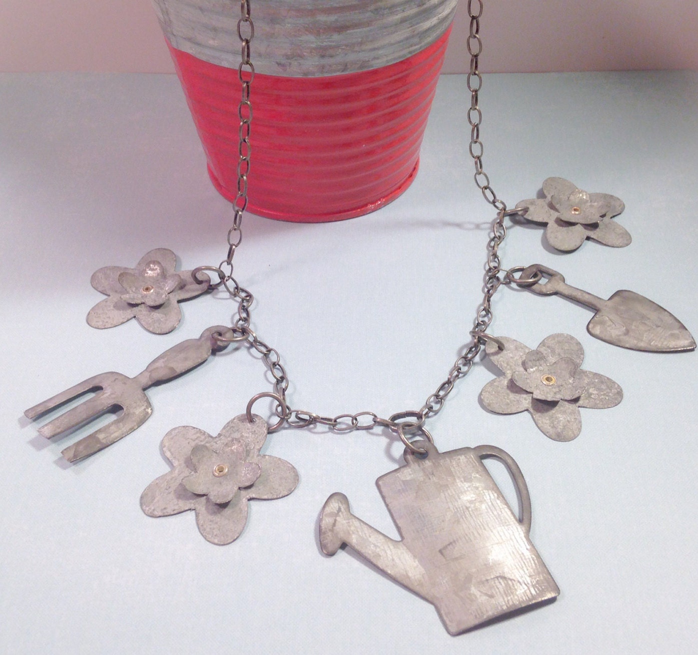 Gardening tools necklace watering can flowers galvanized