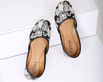 Women's vegan ballet flats | Quirky hand-illustrated owl print | Wearable art slip on shoes | Cruelty free fashion