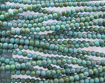4mm Opaque Green Turquoise Picasso Czech Glass Round Beads - Qty 100 (BS316)