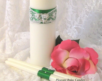 Green Unity Candle Set Bling Unity Candle Crystal Heart Unity Candle Lace Unity Candle Catholic Wedding Candle Size, Color, Ribbon Choice