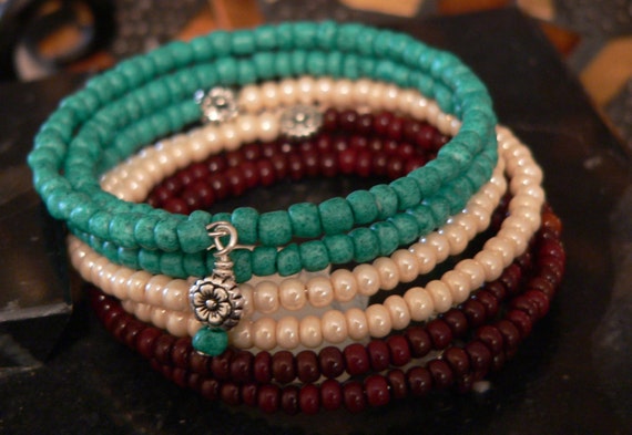 Green bracelet, cream and brown, green wrap bracelet, seed bead ...