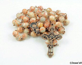Catholic Rosary Beads Rustic White Marble Copper Natural Stone Traditional Five Decade