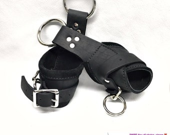 BDSM Suspension Cuffs Leather Black Lined with BLACK Suede