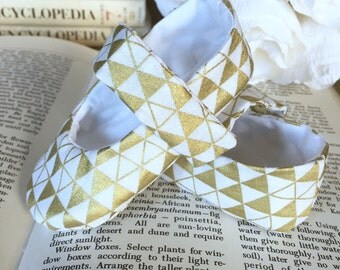 Baby Girl Shoes, Metallic Gold and White Mary Janes - Soft Sole Baby Booties - Toddler Girl
