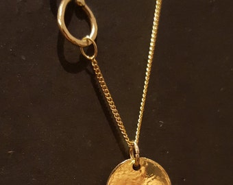 Gold Charmed Chain Necklace, 14k Gold Disc Charm, Initial Stamped Disc Pendant, Gold Tag, Handmade Disk Charm, Personalized Disk Charm