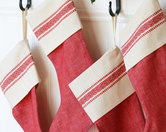 Red Vintage-Inspired Christmas Stocking - Scandinavian - Red Stripe - Linen - Cotton - God Jul