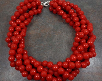 Statement Necklace, Big Necklace, Red, Red Bead Necklace, Multistrand Necklace, Chunky, Twisted, Choker Necklace, Round Bead Necklace, Red