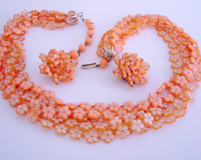 Vintage Light Coral Floral Bead Necklace & Cluster Clip Earrings / Demi Parure / Multi Strand / Hong Kong / Jewelry /Jewellery