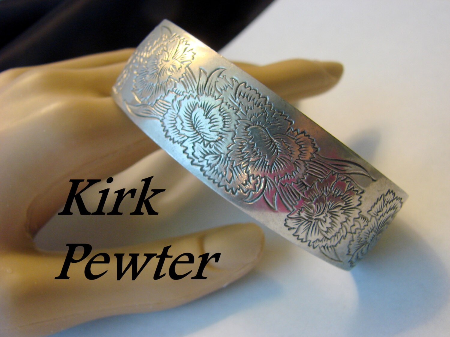 Stieff Kirk Pewter Carnation Floral Engraved Cuff Bracelet