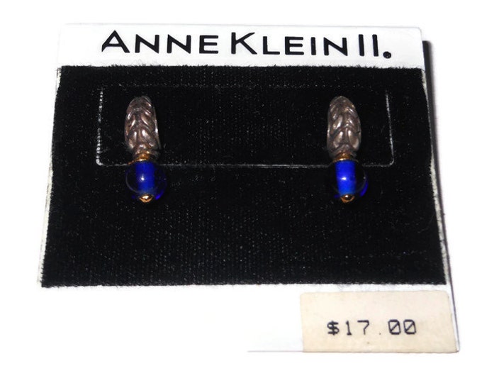 FREE SHIPPING Anne Klein II earrings, post earrings antiqued silver tone half hoop with blue glass bead and gold findings, on original card