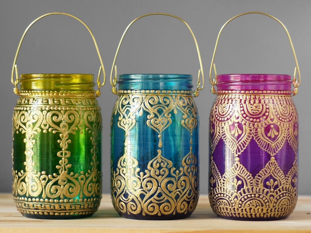 Trio of Bohemian Hanging Lanterns Mason Jar Candle Holders