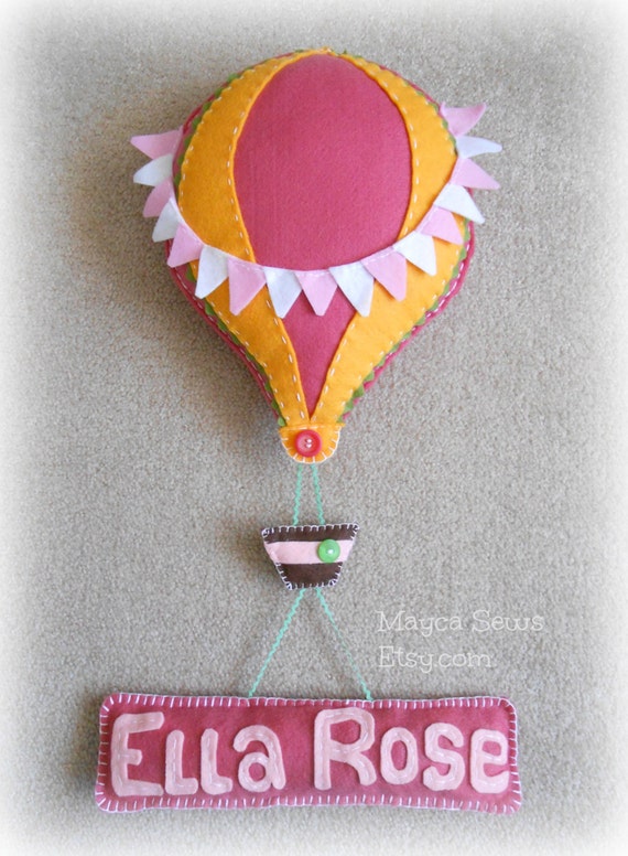 Hot air balloon with personalized name banner. Choose your colors. Made to order.