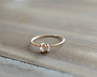 Herkimer Ring. Tiny Herkimer Diamond Quartz. Engagement Ring. Gold Herkimer Prong Ring. Delicate Everyday Quartz Jewelry. April Birthstone