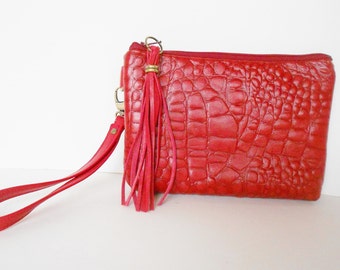 red leather clutch purse