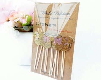 Gold Minnie Mouse Cupcake Toppers (12 Pack) - Glittered Minnie Mouse Toppers, Minnie Cupcake Toppers, Minnie Food Picks, Minnie Mouse Party