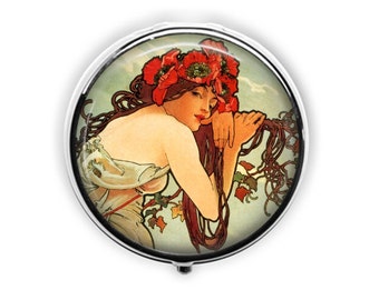 Art nouveau pill box, Alphonse Mucha pill case, girlfriend gift, poppies, mint container, stash box, travel earring storage.