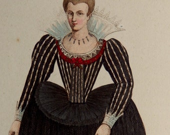 Antique print.1852.Colored by hand. HISTORICAL DRESSES and characters of16th century.163 year old print..6x9 ins or 15 x23,5 cm.