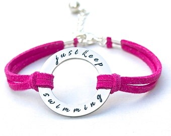 Just Keep Swimming , Faux Suede Leather Cord, Stainless Steel Just Keep Swimming, Determination, Inner Strength, Under 20, ST755