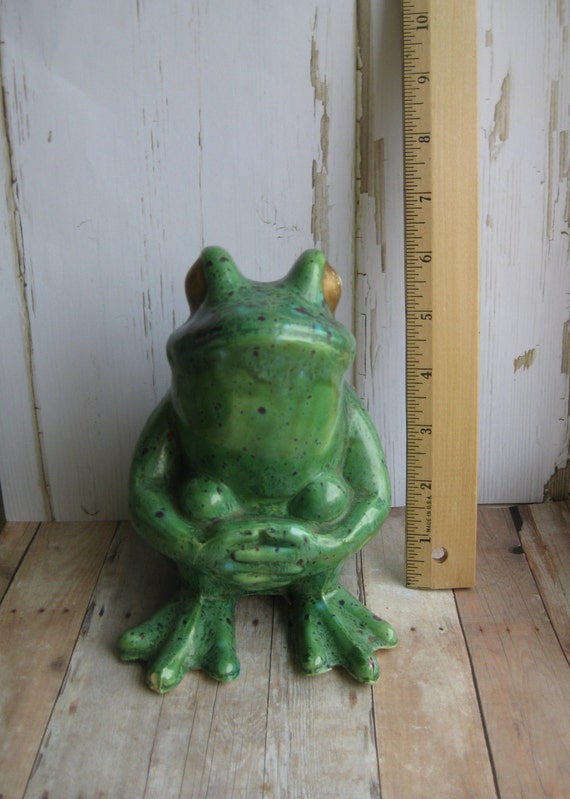 Vintage 50's Ceramic Frog Big Green Garden Frog Garden