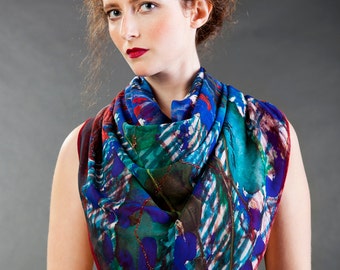 ON SALE! Blue warm scarf, winter designer scarf, chiffon and wool scarf, hand painted scarf, wearable art scarf ,square scarf,gift for women