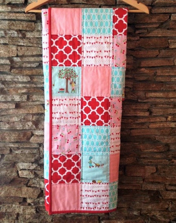 Modern Baby Quilt Baby Girl Pink Red and Aqua Quilt Girl