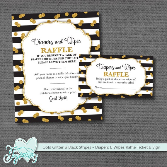 gold glitter and black stripes diapers and wipes raffle ticket insert