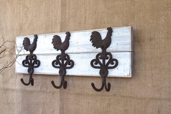 Farmhouse White Distressed Wood with 3 Rustic Cast Iron Rooster Hooks, Rustic Country, Primitive, Vintage Farmhouse Antique Decor
