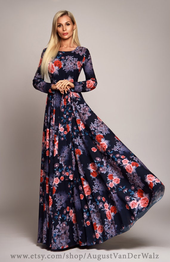 Dark blue Floral maxi dress long sleeve dress by 