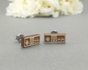 Nintendo NES Controller Earrings - Laser Engraved Wood Earrings - Hypoallergenic Titanium Post Earring Pair