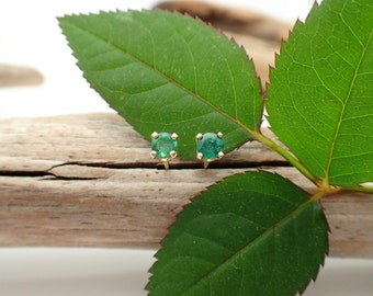 Emerald Earrings in Gold, Silver, or Platinum with Genuine Gems, 3mm A Quality - Free Gift Wrapping