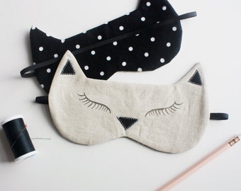 Black Cat Sleeping Mask // Unisex Sleep Mask // Natural Linen Eye Mask // Black & White Kitty Sleeping Mask // light-blocking sleep mask