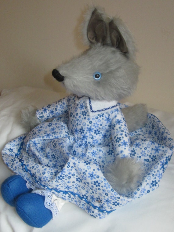 Stuffed Wolf Toy Called Betty Cuddly Grey Plush Blue Floral Poplin Frock Ltd Edition Child or Adult Companion Gift Christmas Present