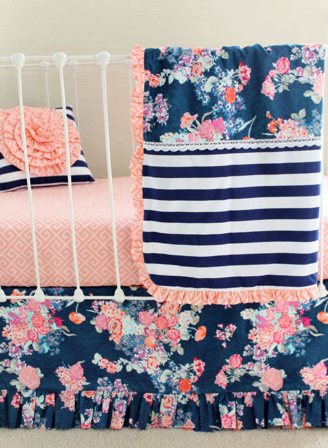 Navy Floral changing pad cover Navy Floral crib sheet coral