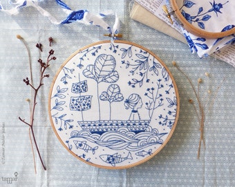 DIY kit, Blue wall art, Sea blue, Hand embroidery - Blue Ocean Embroidery kit - Christmas gift, Blue white, Sea nursery, Embroidery hoop art