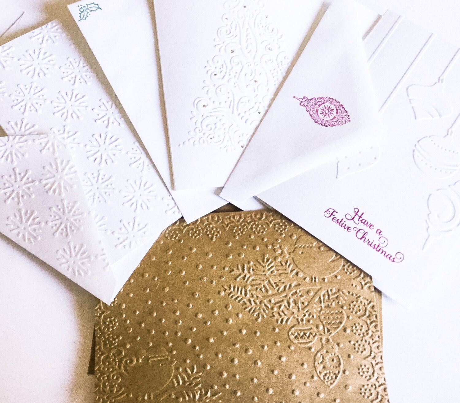 Set of 10 Embossed Christmas cards white cards kraft by Wcards