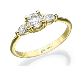 Gold Engagement Ring, Drop Ring, Yellow Gold Ring, Unique Engagement Ring, Promise Ring, Anniversary ring, Art Deco Ring, 3 Stone Ring, Gift
