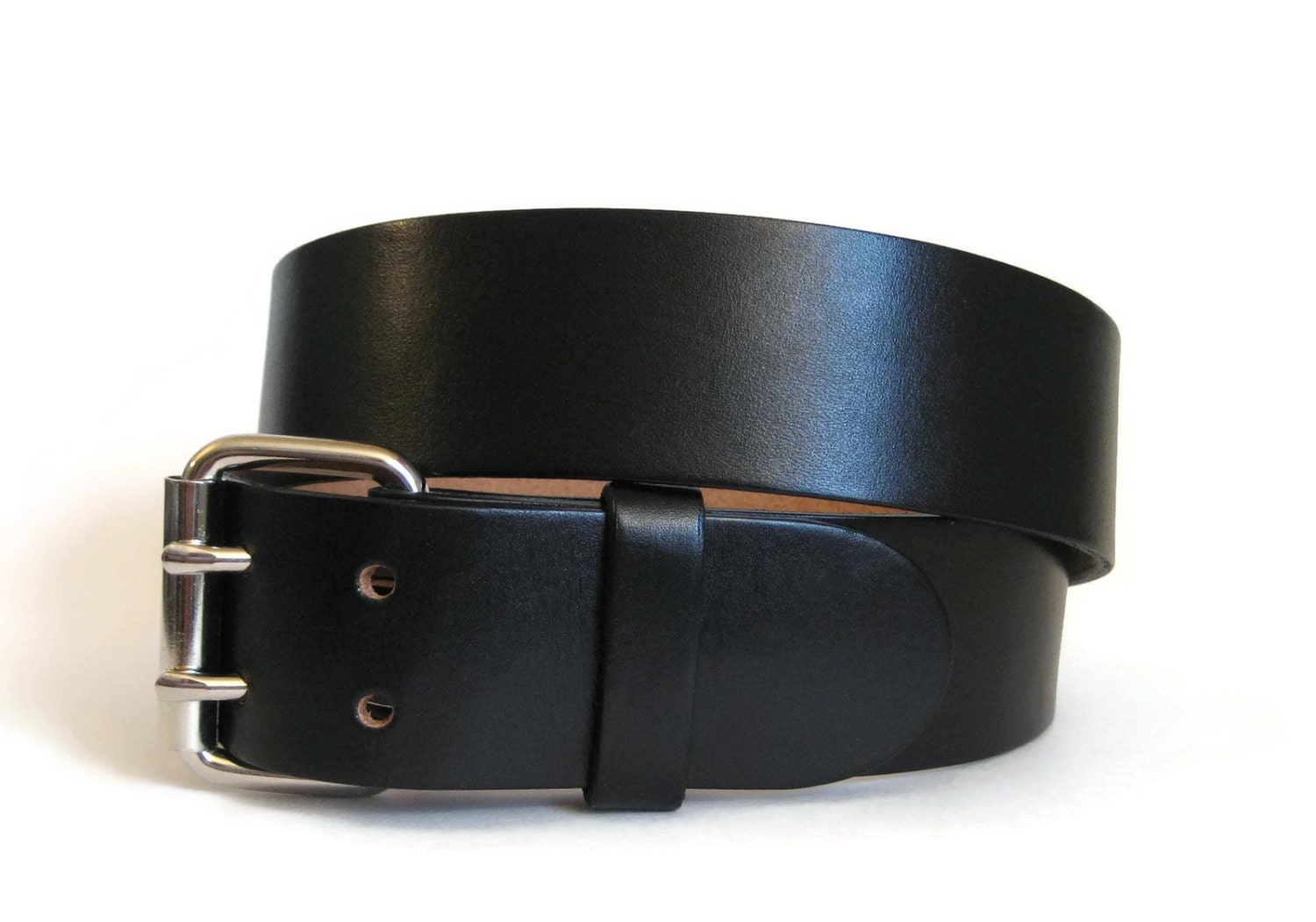 Double Hole Leather Belt Mens Black Leather by AngelLeatherShop