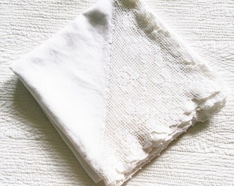Vintage Cottage Home Snow White Floral Crochet Thread Trimmed Table Linen, Olives and Doves